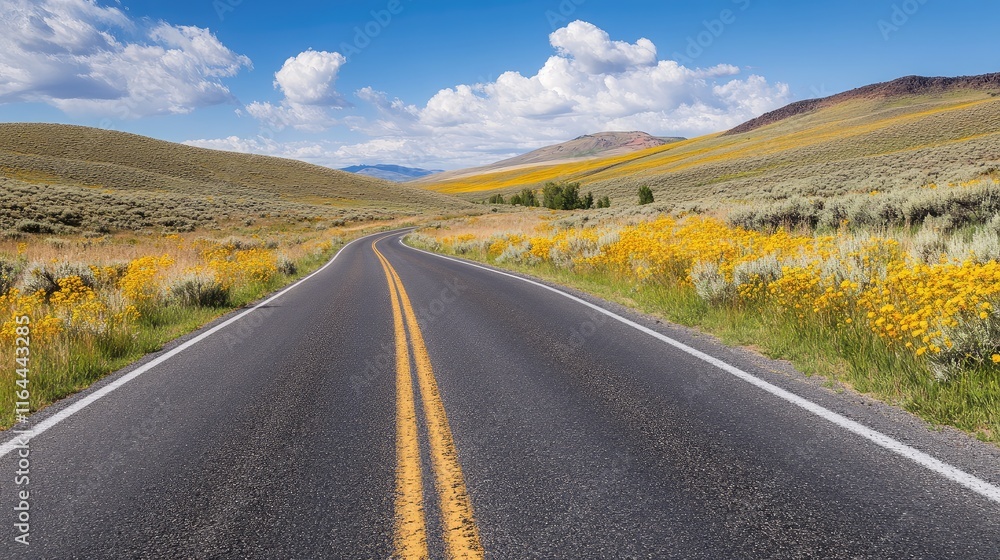 Vibrant yellow wildflowers lining a picturesque road under a bright blue sky with fluffy clouds. Vibrant yellow wildflowers lining a picturesque road under a bright blue sky with fluffy clouds.