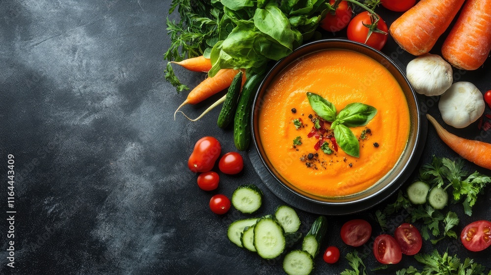 Bowl of carrot dip surrounded by fresh vegetables on dark textured background for healthy eating and culinary concepts Bowl of carrot dip surrounded by fresh vegetables on dark textured background for healthy eating and culinary concepts