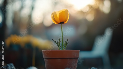 Californian poppy blooming in vibrant yellow color in a garden pot during winter showcasing natural beauty and tranquility. photo