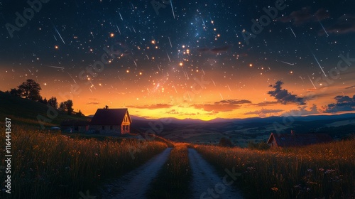 Stunning night sky over a mountainous landscape with a vibrant Milky Way and ...
