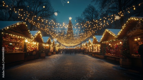 Winter market filled with festive stalls and holiday lights in a snowy landscape