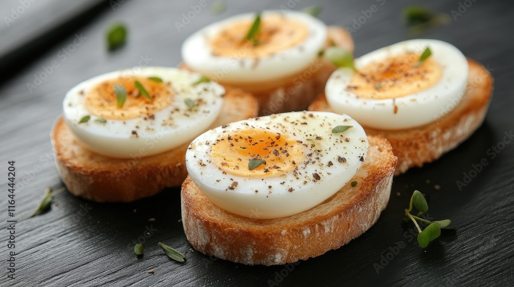 Boiled eggs on toasted bread garnished with herbs served on a textured black wooden table background Boiled eggs on toasted bread garnished with herbs served on a textured black wooden table background