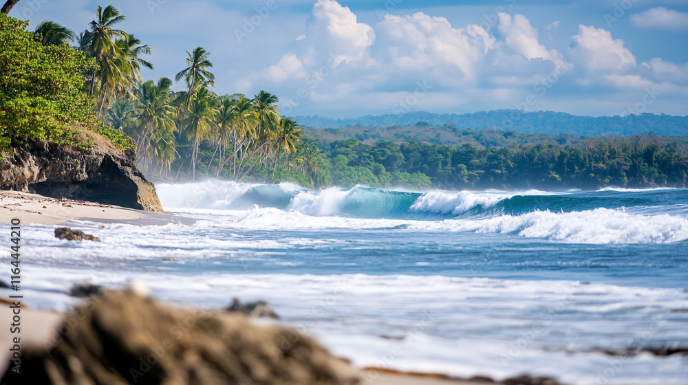 Waves crashing on a tropical beach with palm trees under a clear blue sky Waves crashing on a tropical beach with palm trees under a clear blue sky
