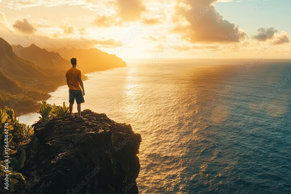 Fototapeta premium Man on Clifftop Overlooking Ocean Sunset