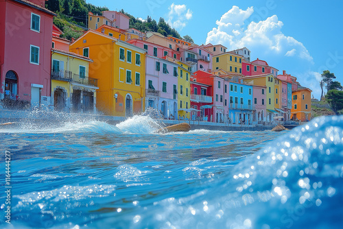 Photo réaliste professionnelle d’un village côtier perché sur une falaise, avec des maisons colorées bordant le sommet et des vagues se brisant contre les rochers en dessous photo