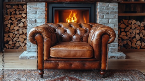 Cozy living room with a leather sofa near a warm fireplace filled with firewood