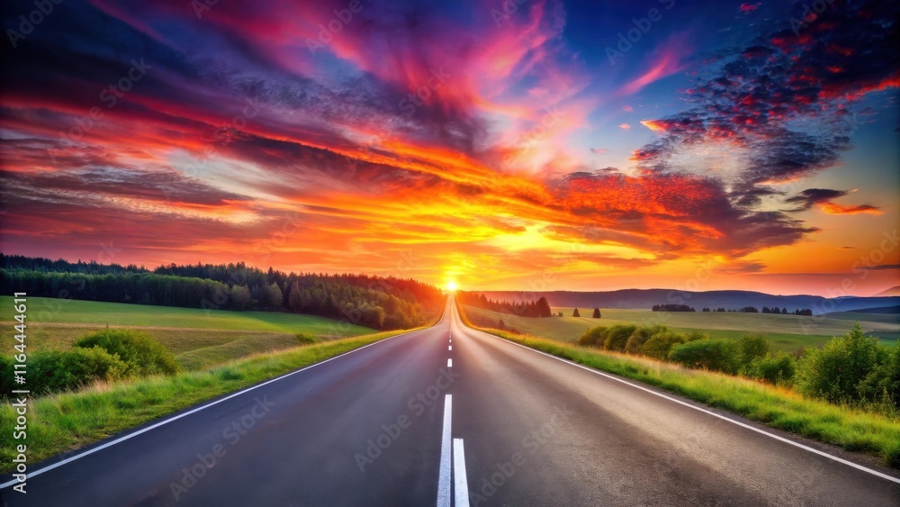 Fototapeta premium Asphalt road vanishing into a vibrant sunset over rolling hills and lush green fields