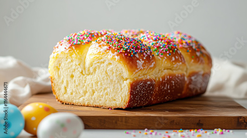 Traditional easter bread with sprinkles on rustic wooden board - perfect for celebrations photo