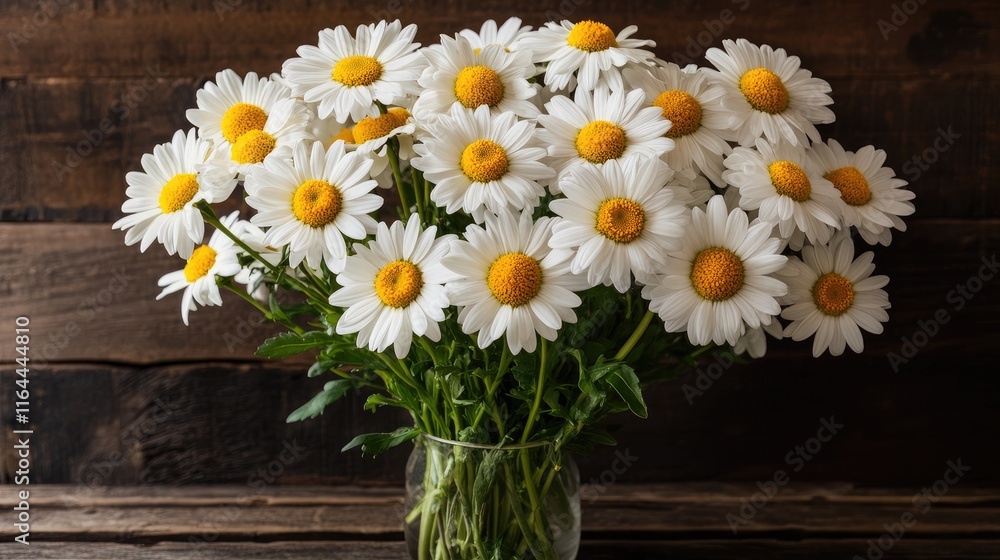 Obraz premium Vibrant daisy bouquet in glass vase against rustic dark wood background showcasing natural beauty and floral elegance