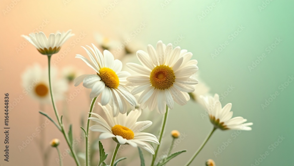 Obraz premium Whimsical Daisy Bouquet, Pastel Ombre Background, Delicate Flowers, Elegant Arrangement