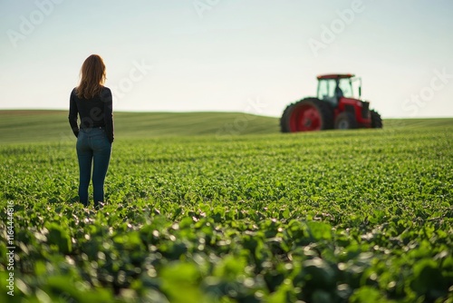 Woman smiling in green field with tractor in background during golden hour