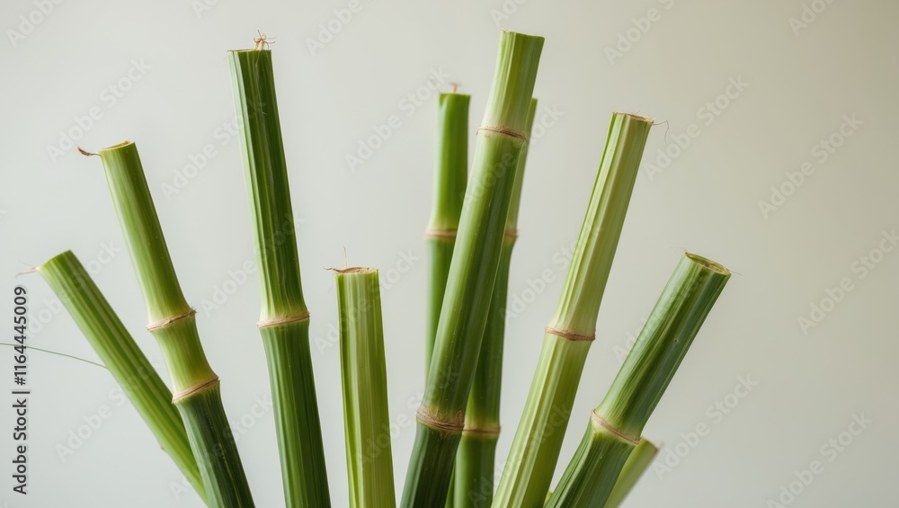 Obraz premium Fresh Green Sugarcane Stalks Cut Ends Natural Background.