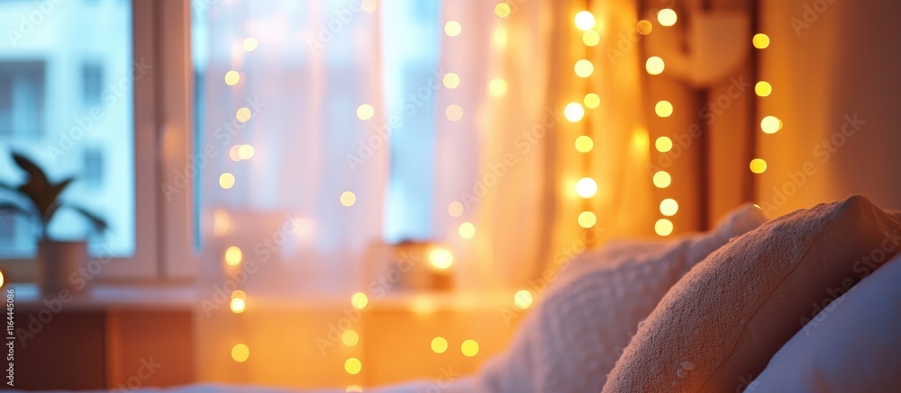 Fototapeta premium Cozy blurred bedroom interior featuring soft lighting and decorative fairy lights perfect for creating a warm and inviting atmosphere.