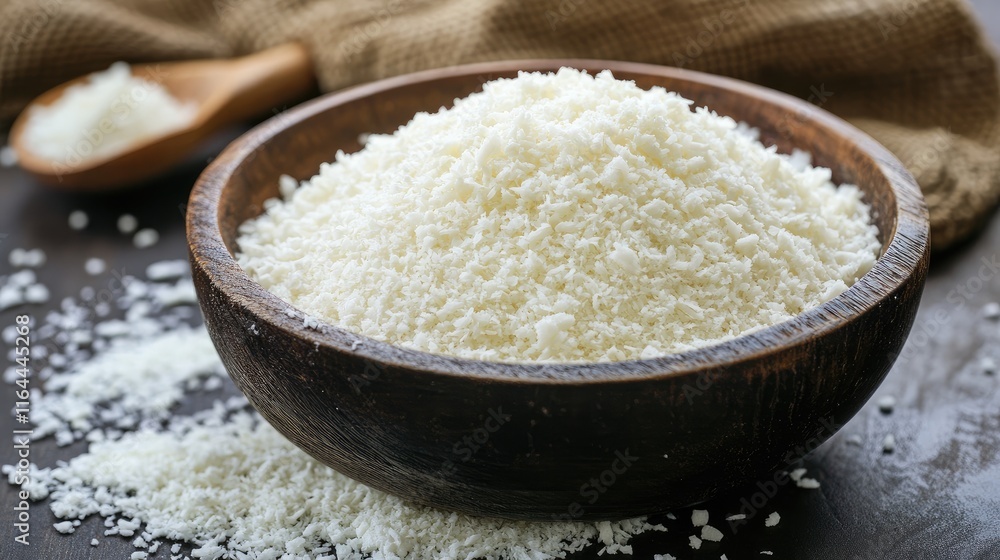 Bowl of coconut flakes on wooden surface with scattered flakes and natural background Bowl of coconut flakes on wooden surface with scattered flakes and natural background