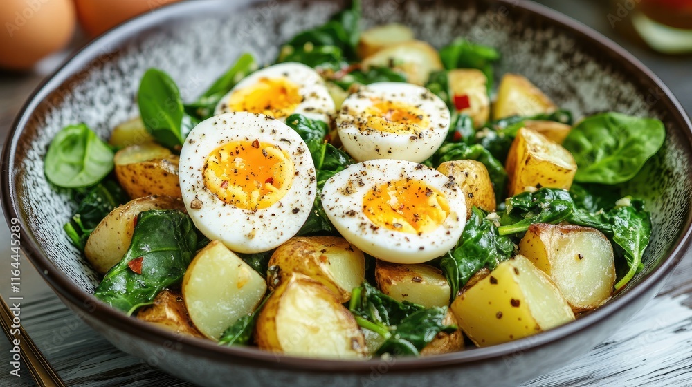 Boiled Potatoes with Spinach and Soft Boiled Eggs in a Rustic Bowl Presentation Boiled Potatoes with Spinach and Soft Boiled Eggs in a Rustic Bowl Presentation