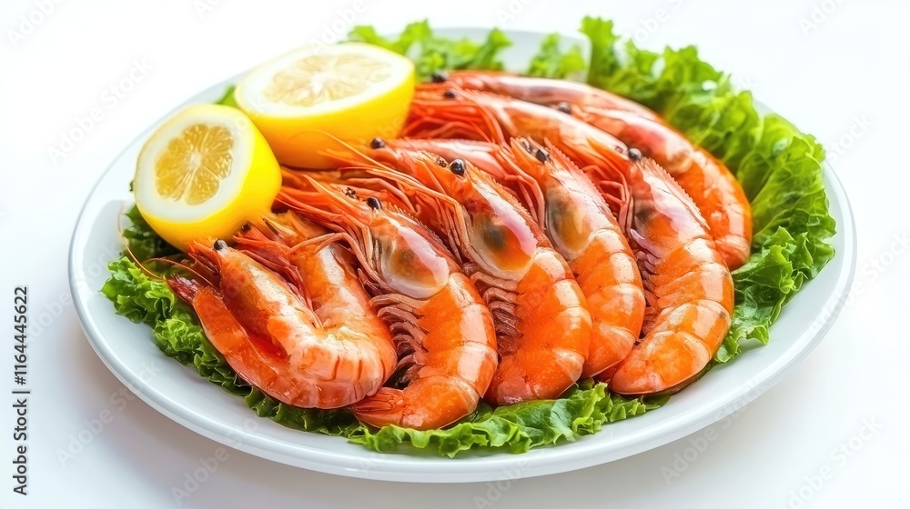 Boiled shrimp served with fresh lemon and lettuce on a white plate creating an appetizing seafood dish presentation. Boiled shrimp served with fresh lemon and lettuce on a white plate creating an appetizing seafood dish presentation.