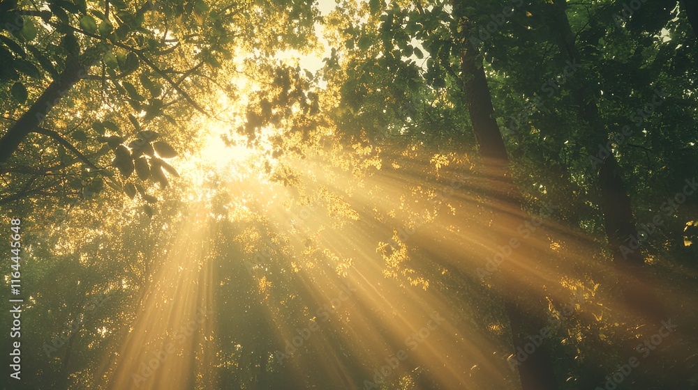Obraz premium Sunlight filters through a dense canopy of trees, creating a serene and ethereal atmosphere in the forest. Rays of light pierce through the foliage, illuminating the misty air filled with particles, r