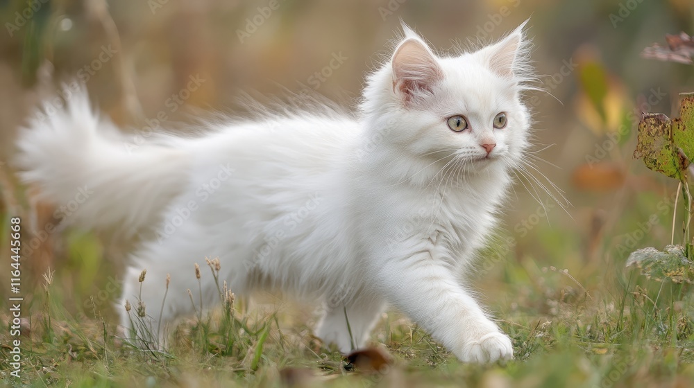 White bobtail kitten exploring a sunlit grassy field surrounded by wildflowers and summer foliage White bobtail kitten exploring a sunlit grassy field surrounded by wildflowers and summer foliage
