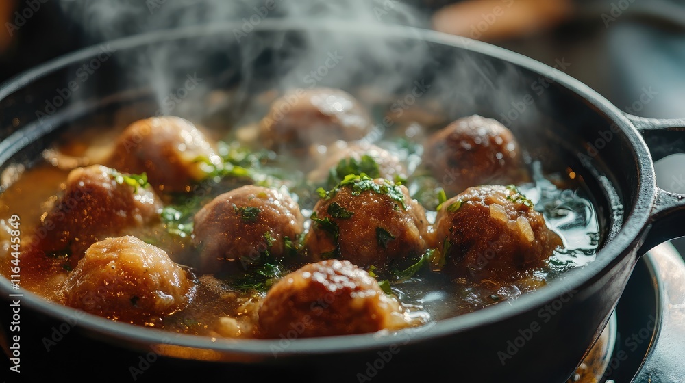 Savory boiled meatballs infused with herbs simmering in a spicy broth served hot for a delicious culinary experience Savory boiled meatballs infused with herbs simmering in a spicy broth served hot for a delicious culinary experience