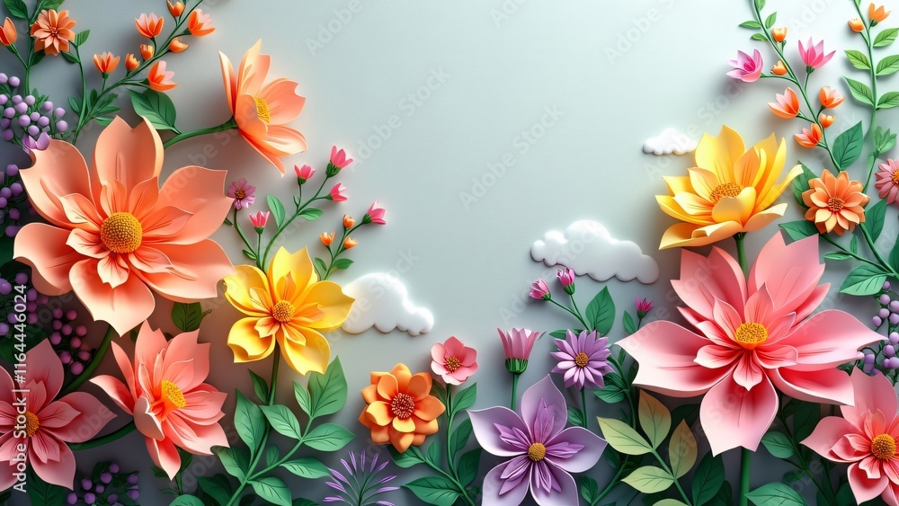 Vibrant 3D Neon Paper Flowers, Spring Summer Botanical Wallpaper Vibrant 3D Neon Paper Flowers, Spring Summer Botanical Wallpaper