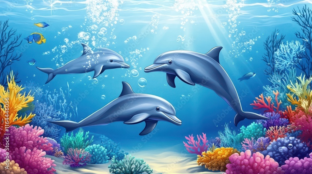 Fototapeta premium Playful Dolphins in Vibrant Underwater Scene