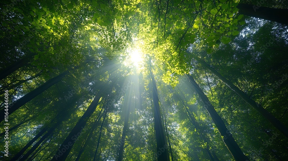 Obraz premium A breathtaking view of a dense forest taken from the ground looking up towards the canopy, where sunlight beams through the lush green leaves. The contrasting shadows of the tall trees create a calmin