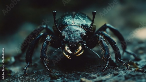 Close-up of Calosoma inquisitor showcasing intricate details of its dark exoskeleton and prominent mandibles on a natural background.