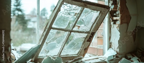 Broken window frame in a dilapidated room showcasing neglect and abandonment with scattered debris highlighting decay and desolation. photo