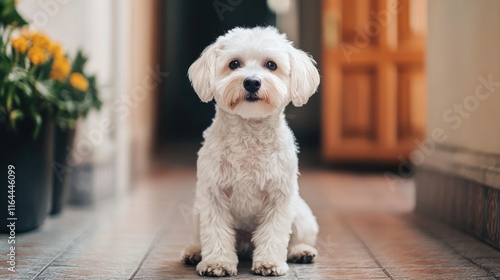 Calm white dog sitting on tiled hallway floor with open entrance door and potted flowers in the background creating a cozy atmosphere