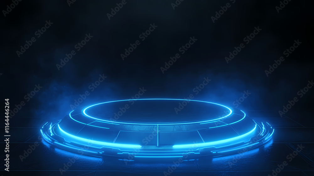 Fototapeta premium Mesmerizing blue neon light trails dancing across a darkened high tech backdrop creating a captivating futuristic atmosphere with open space for text or graphics. Luminiferous. Illustration