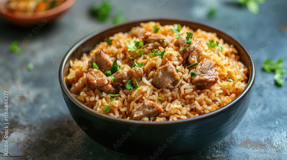 Savory pork and boiled rice served in a rustic bowl garnished with fresh herbs on a textured tabletop background Savory pork and boiled rice served in a rustic bowl garnished with fresh herbs on a textured tabletop background