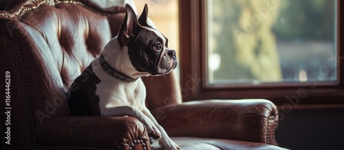 Boston Terrier sitting elegantly on a leather chair while looking out a window in a cozy indoor setting photo