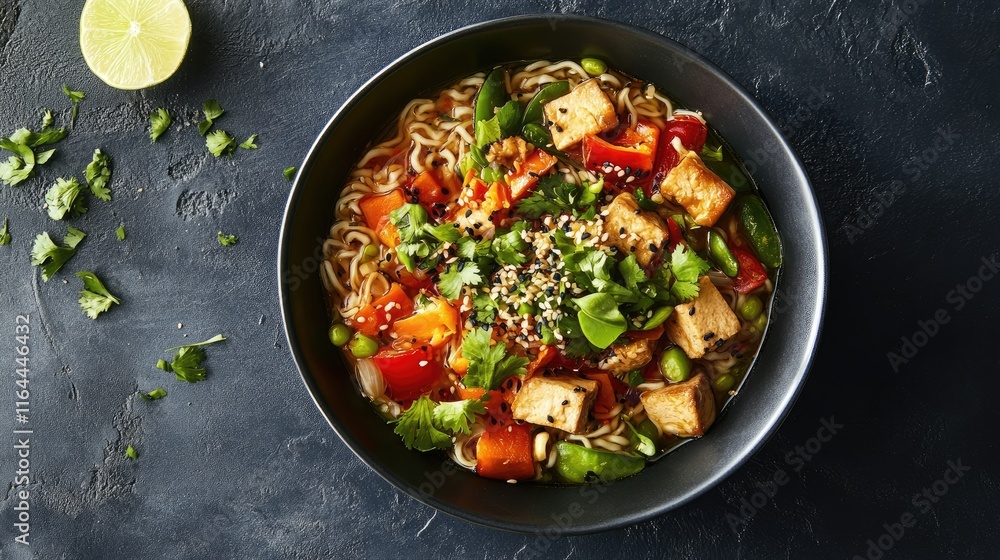 Asian ramen soup with vibrant vegetables and tofu garnished with herbs and sesame seeds in a dark bowl on a textured surface. Asian ramen soup with vibrant vegetables and tofu garnished with herbs and sesame seeds in a dark bowl on a textured surface.