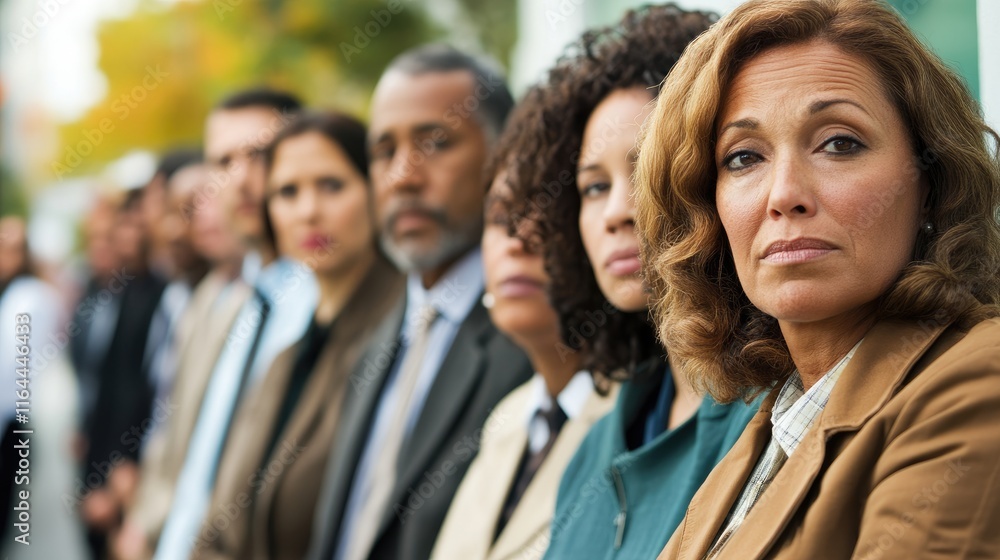 Diverse business professionals waiting in line for a job interview showcasing anticipation and the competitive job market atmosphere Diverse business professionals waiting in line for a job interview showcasing anticipation and the competitive job market atmosphere