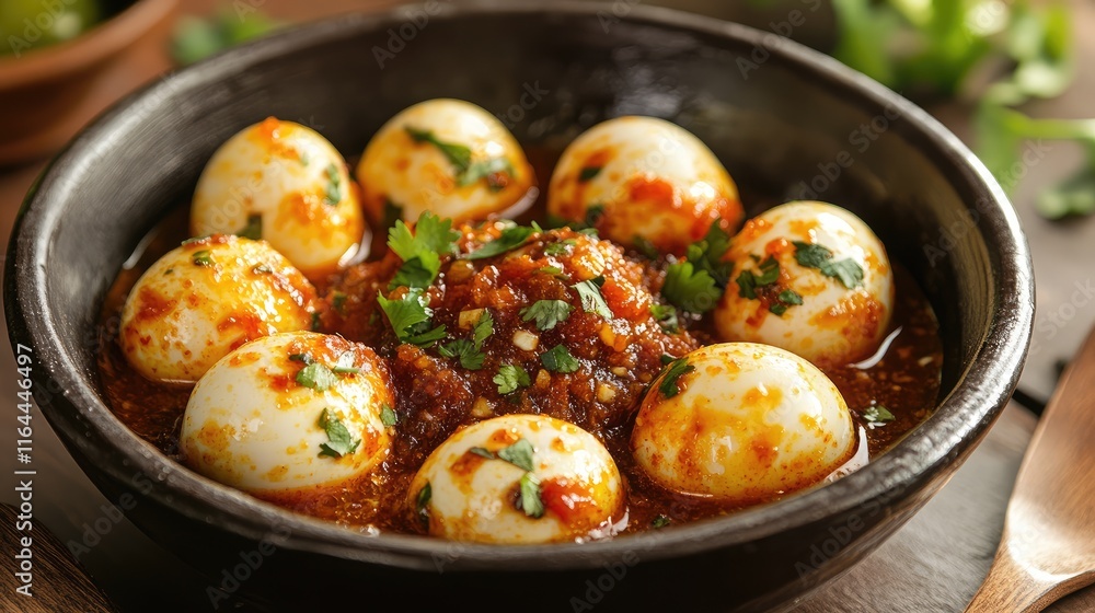 Spicy sambal boiled eggs garnished with fresh herbs in a rustic bowl on a wooden table Spicy sambal boiled eggs garnished with fresh herbs in a rustic bowl on a wooden table