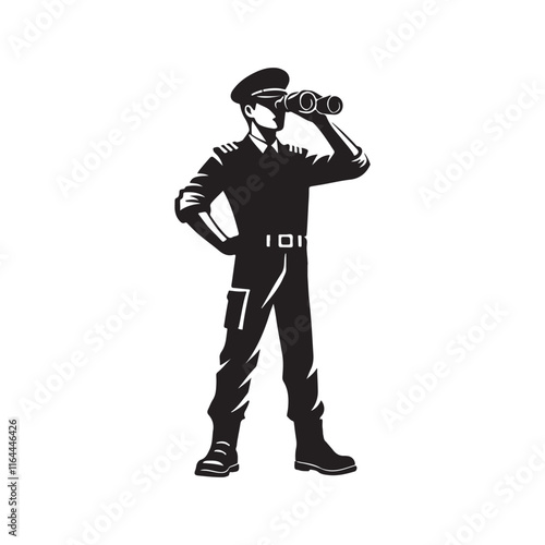 Coast guard with binoculars silhouette vector illustration clipart black color design and solid white background 