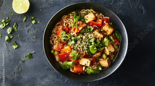 Asian ramen soup with vibrant vegetables and tofu garnished with herbs and sesame seeds in a dark bowl on a textured surface.