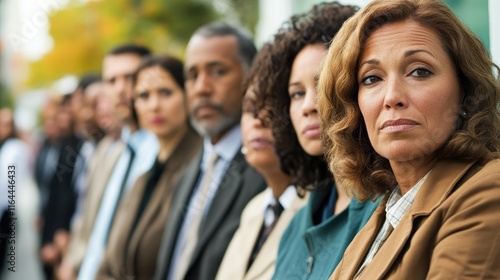 Diverse business professionals waiting in line for a job interview showcasing anticipation and the competitive job market atmosphere