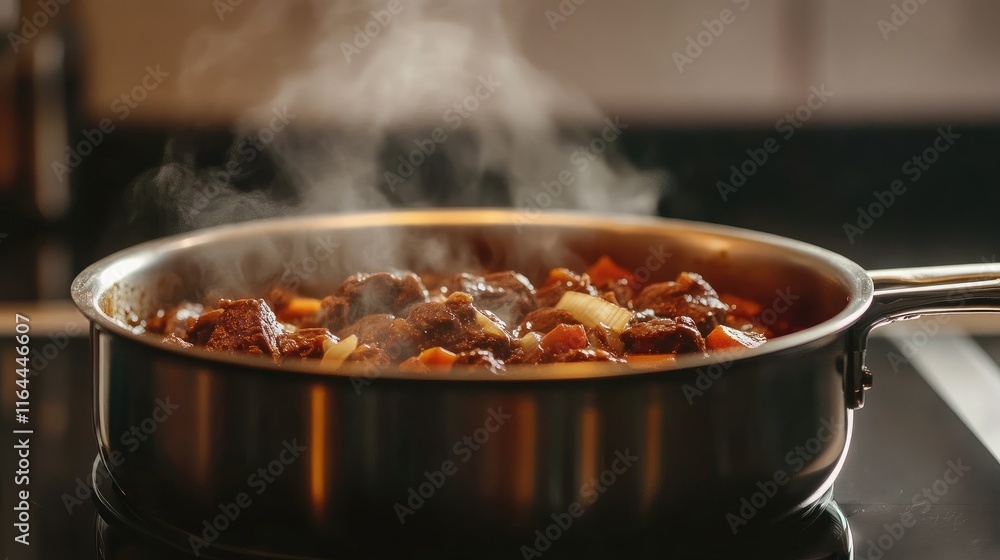 Boeuf Bourguignon classic beef stew simmering in a pan with steam rising and vibrant vegetables. Boeuf Bourguignon classic beef stew simmering in a pan with steam rising and vibrant vegetables.