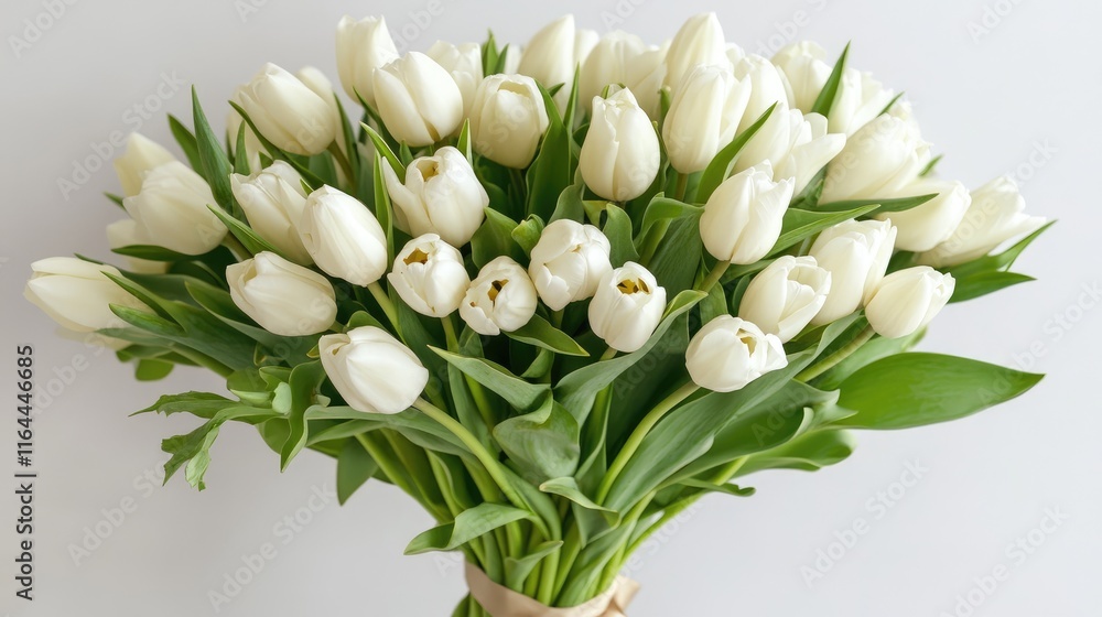 Elegant bouquet of fresh white tulips beautifully arranged on a neutral background perfect for spring celebrations and floral designs.