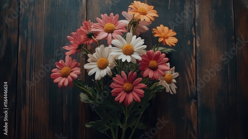 Vibrant bouquet of multicolored daisies arranged on a rustic dark wood background for floral themes and decor projects photo