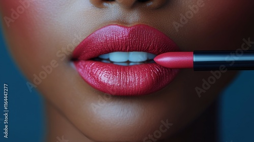 Close-up of woman applying vibrant lip color with pencil in beauty studio set...