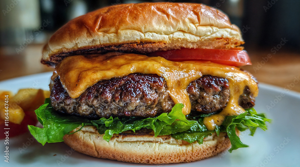 The image shows a burger with two beef patties, melted cheese, lettuce, and a tomato slice, served on a bun with a side of fries on a white plate