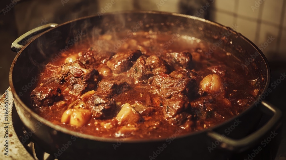 Boeuf bourguignon traditional beef stew simmering in a pan with rich sauce and tender meat in a rustic kitchen setting Boeuf bourguignon traditional beef stew simmering in a pan with rich sauce and tender meat in a rustic kitchen setting