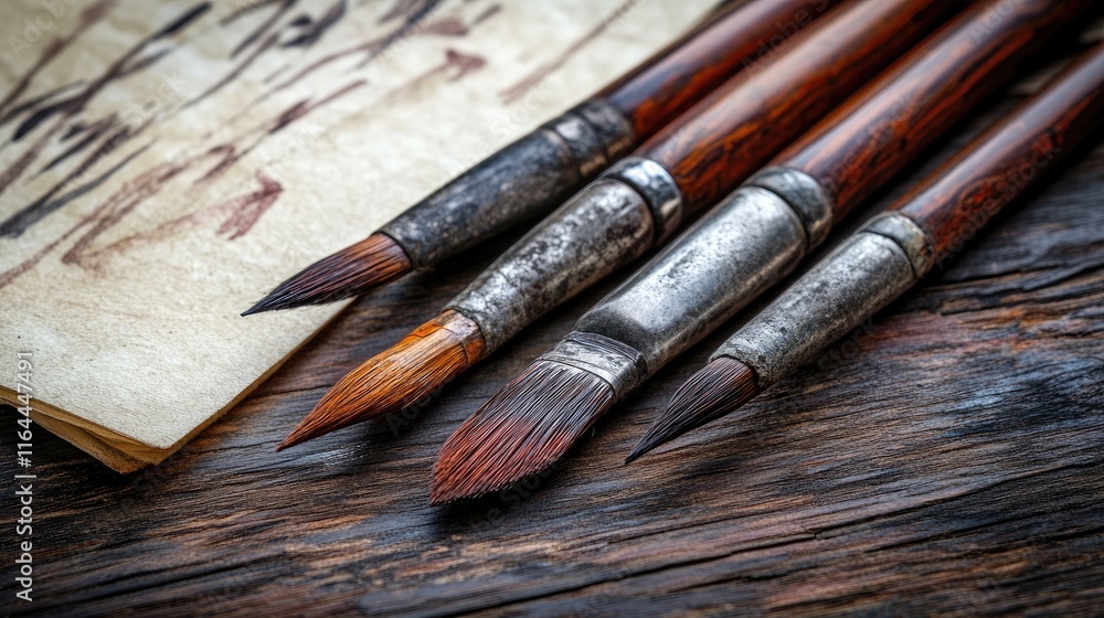 Obraz premium Elegant calligraphy brushes resting on a vintage wooden table with parchment showcasing art and creativity in a modern study setting