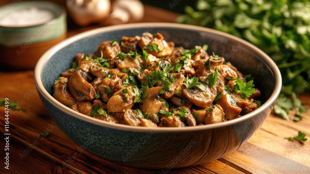 Bowl of Sautéed Mushrooms Garnished with Fresh Parsley on Rustic Wooden Kitchen Table Bowl of Sautéed Mushrooms Garnished with Fresh Parsley on Rustic Wooden Kitchen Table
