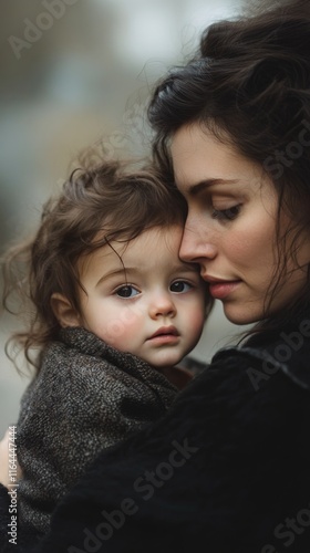 Mother gently embraces her baby outdoors during a warm afternoon in a serene ...