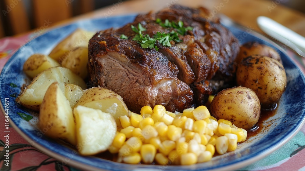 Succulent boiled roast meat served with garnished cooked potatoes and sweet corn on a rustic table setting. Succulent boiled roast meat served with garnished cooked potatoes and sweet corn on a rustic table setting.