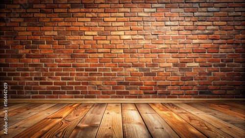 Rustic Interior Design Warm Wood Floor and Aged Brick Wall Background
