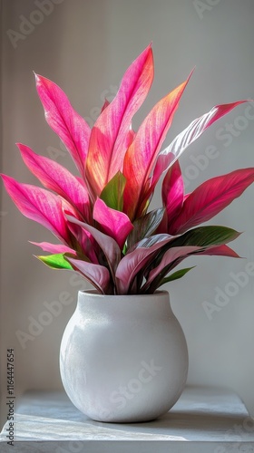 Colorful pink leaves in a minimalist round vase against a neutral background